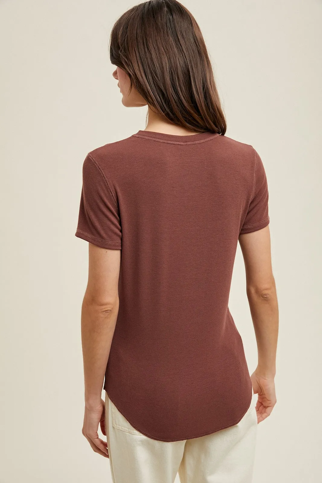 Brown Ribbed Short Sleeve Curved Hem Top sold by Pinkblush product image thumbnail 3