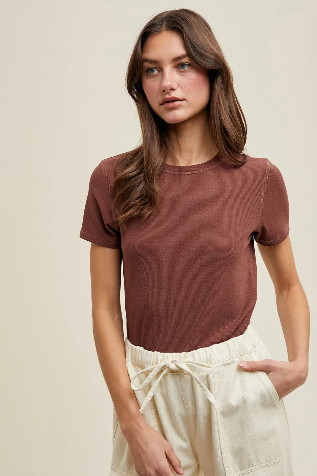 Brown Ribbed Short Sleeve Curved Hem Top sold by Pinkblush