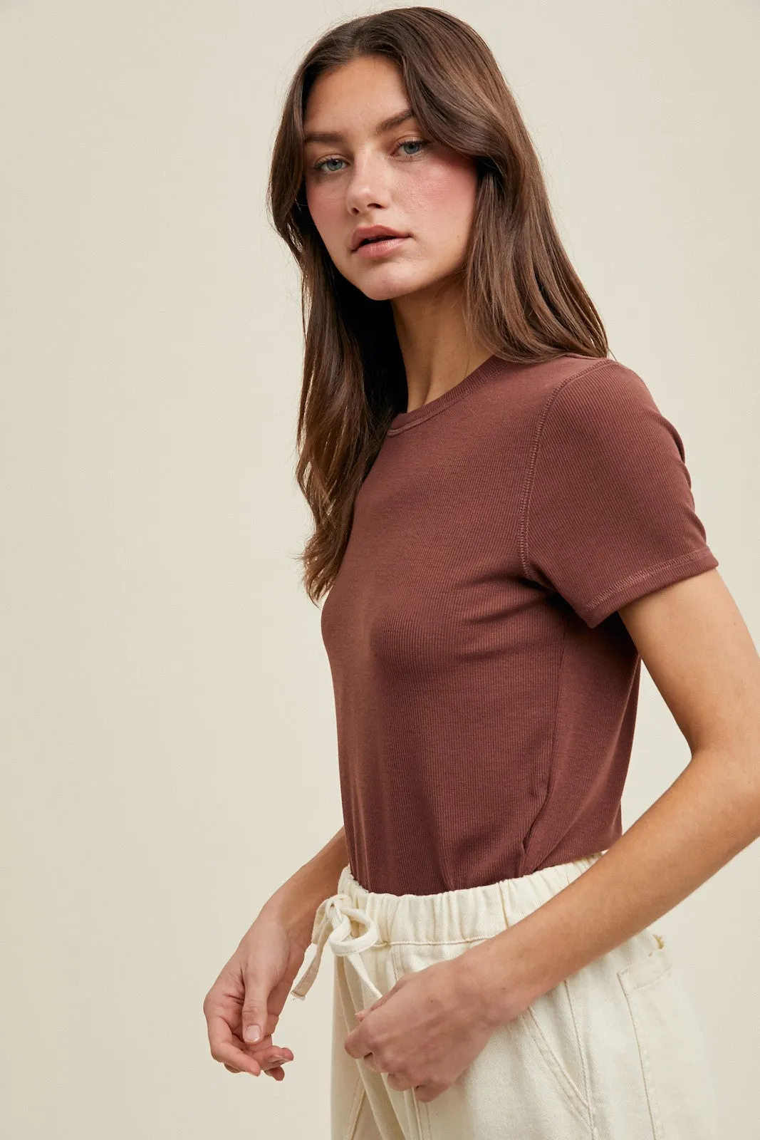 Brown Ribbed Short Sleeve Curved Hem Top sold by Pinkblush product image thumbnail 2