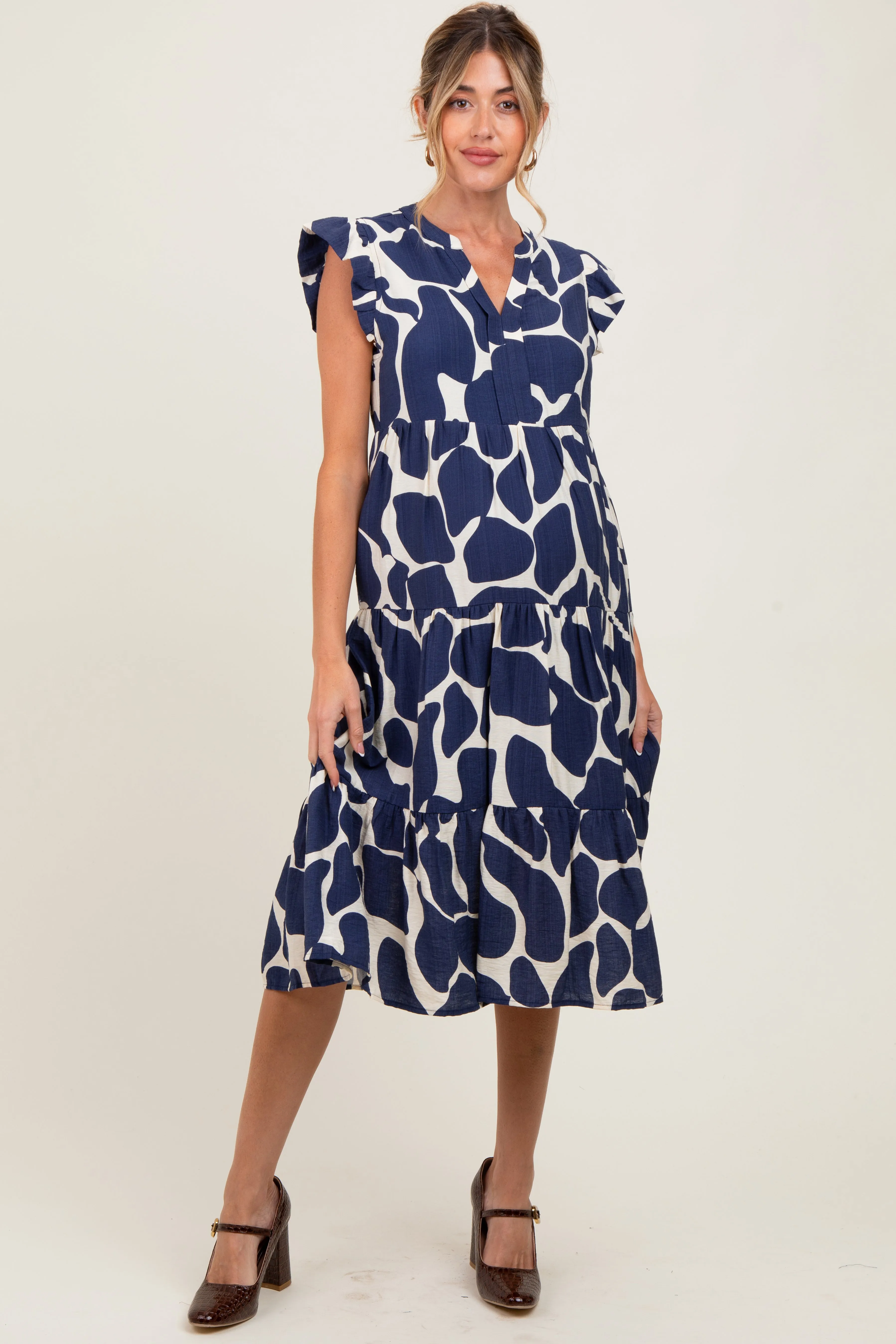Navy Print Tiered Layer Maternity Midi Dress sold by Pinkblush