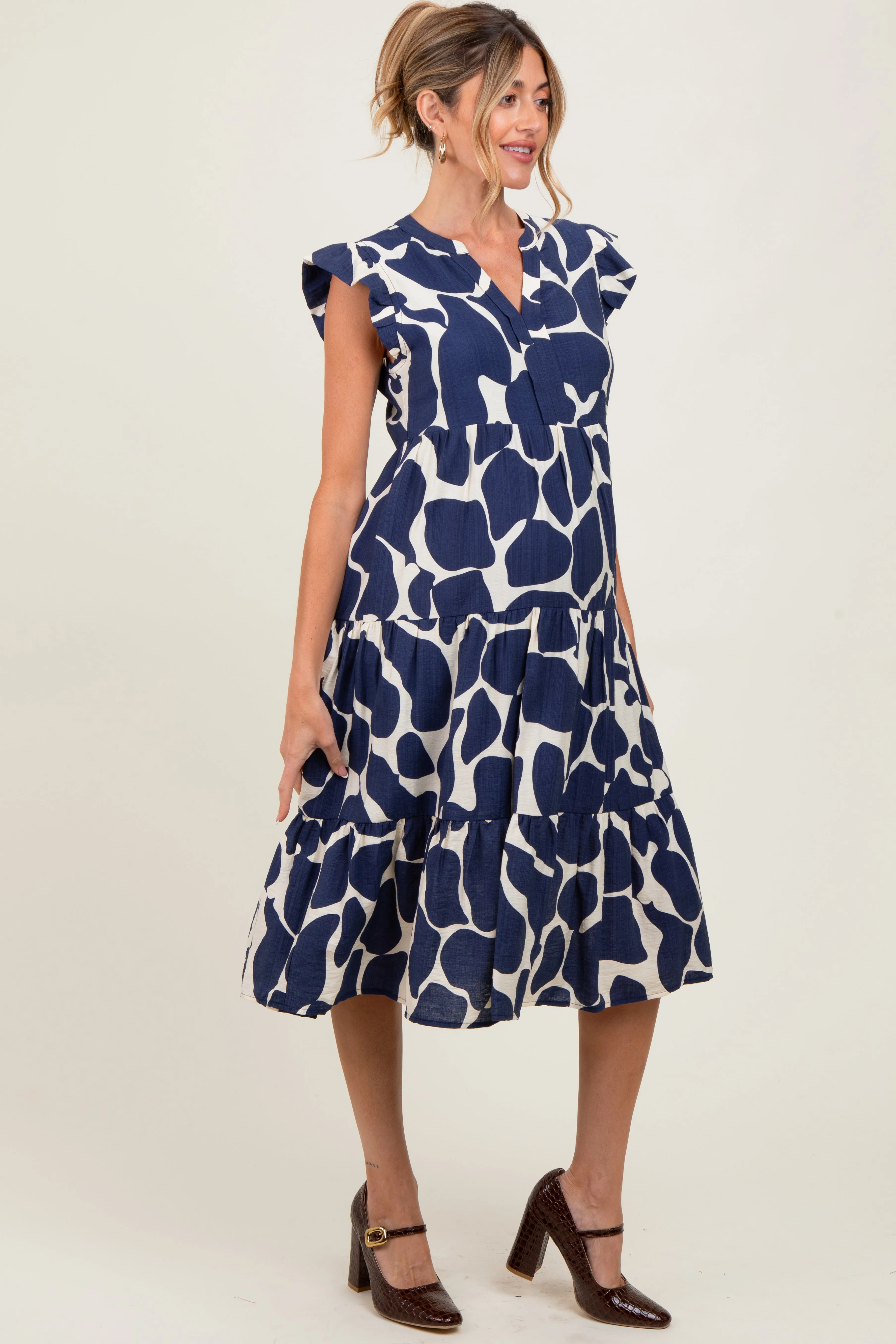 Navy Print Tiered Layer Maternity Midi Dress sold by Pinkblush product image thumbnail 2