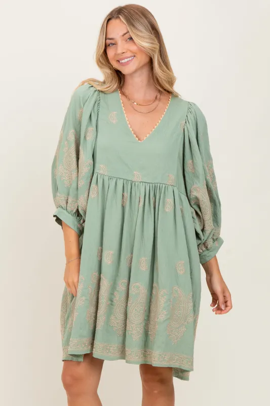 Light Olive Paisley Embroidered Bubble Sleeve Dress sold by Pinkblush