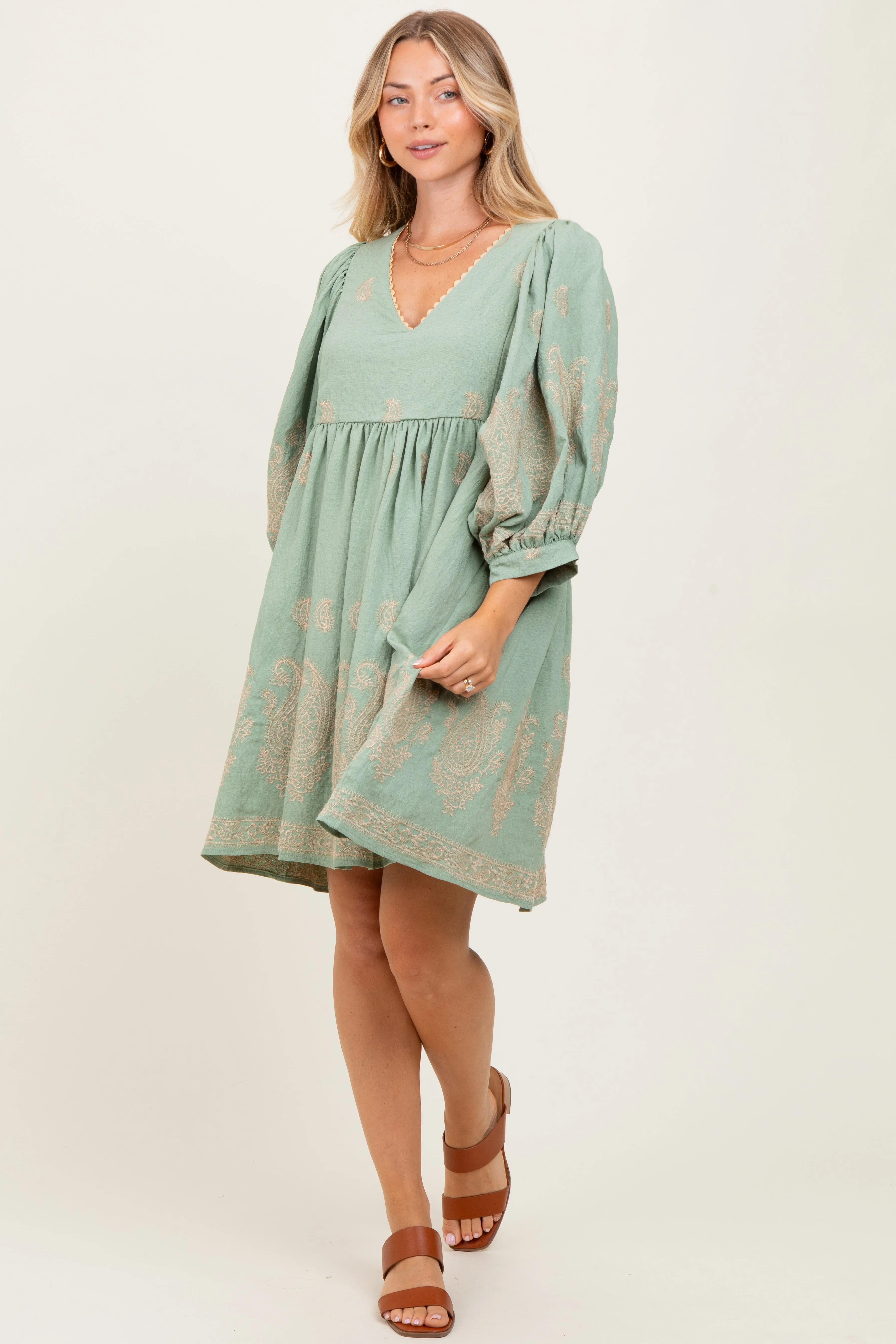 Light Olive Paisley Embroidered Bubble Sleeve Dress sold by Pinkblush product image thumbnail 2