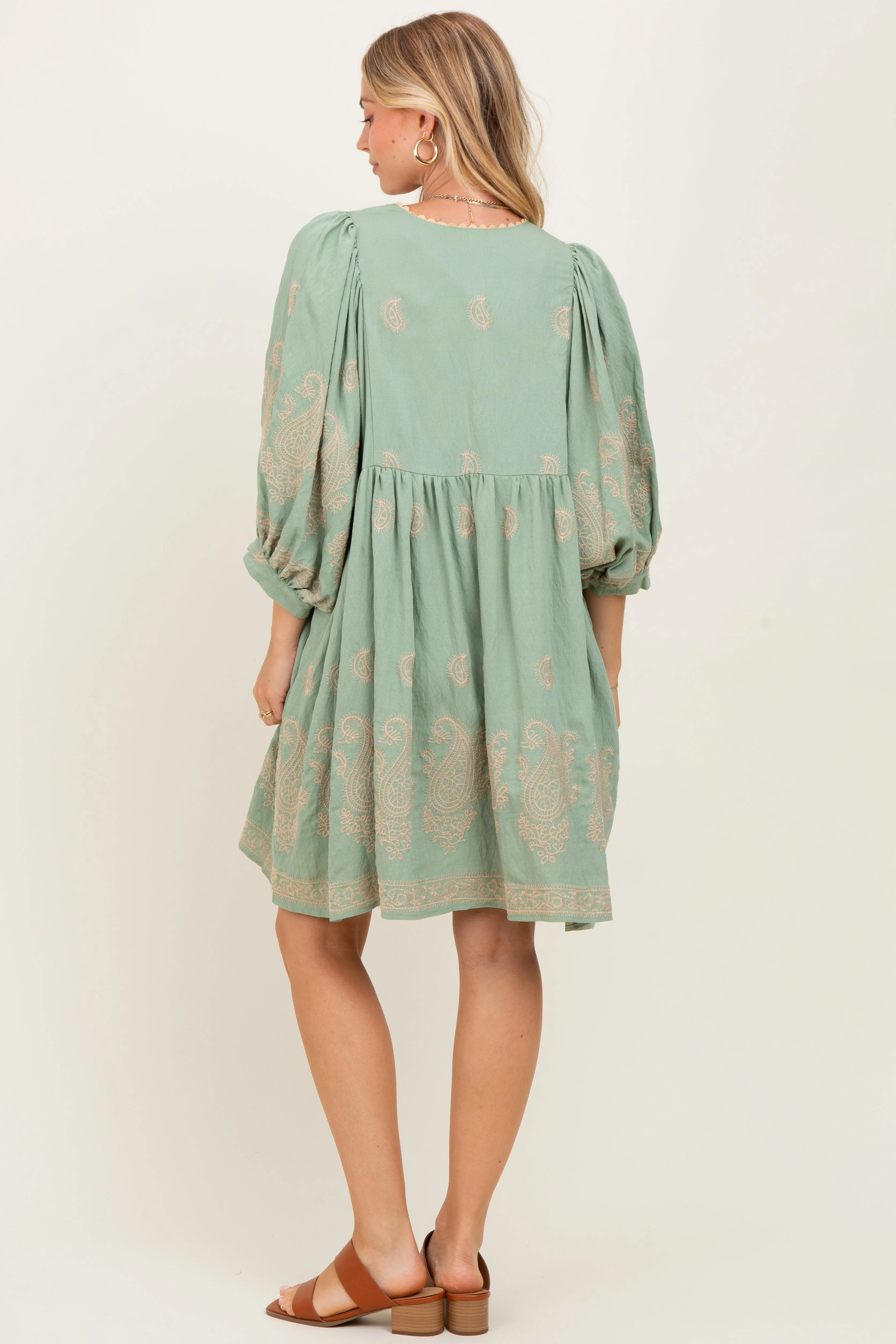 Light Olive Paisley Embroidered Bubble Sleeve Dress sold by Pinkblush product image thumbnail 3