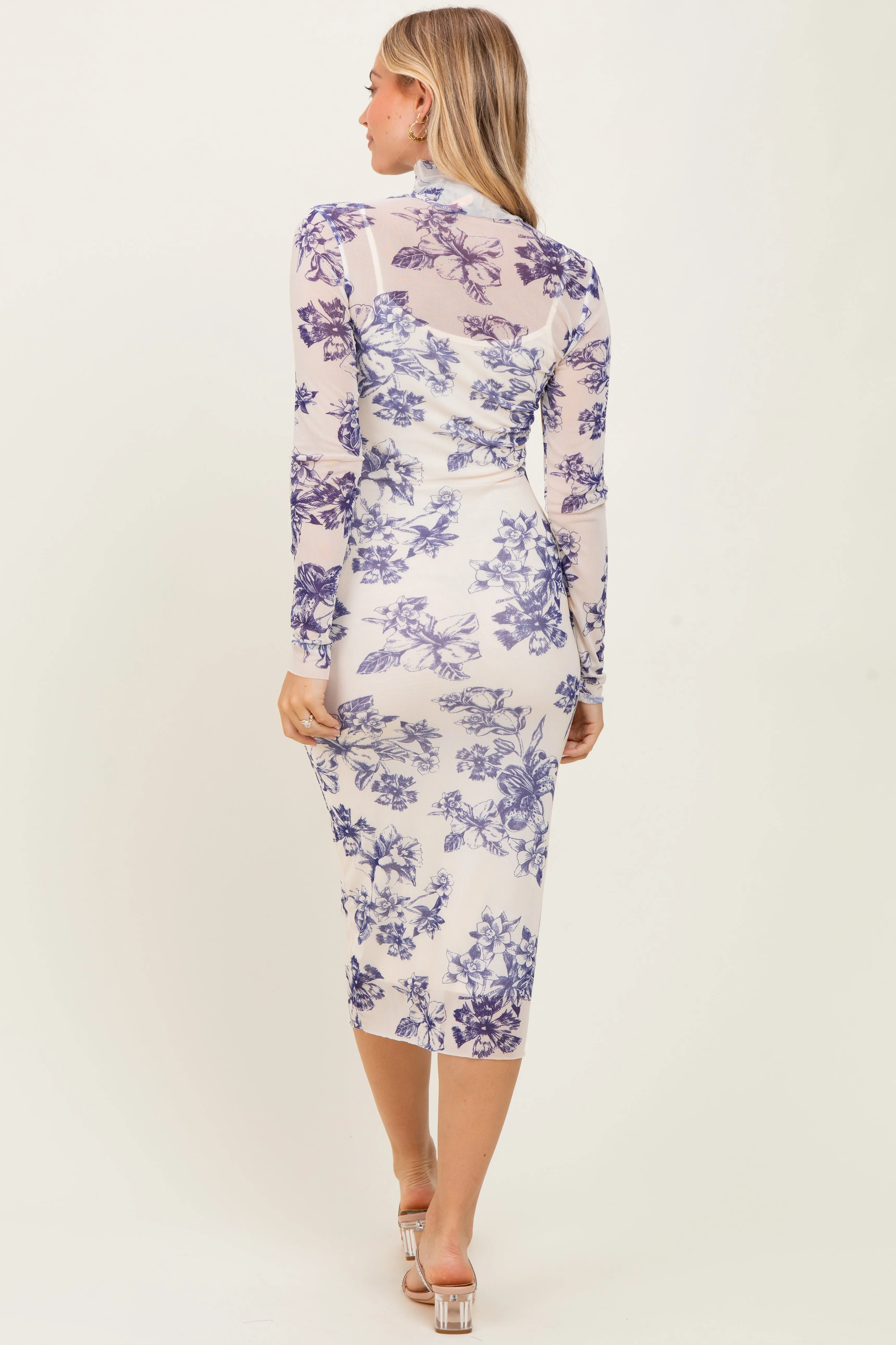 Ivory Floral Mesh Mock Neck Long Sleeve Midi Dress sold by Pinkblush product image thumbnail 4