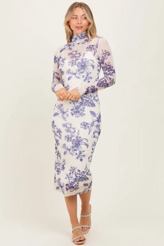 Ivory Floral Mesh Mock Neck Long Sleeve Midi Dress sold by Pinkblush