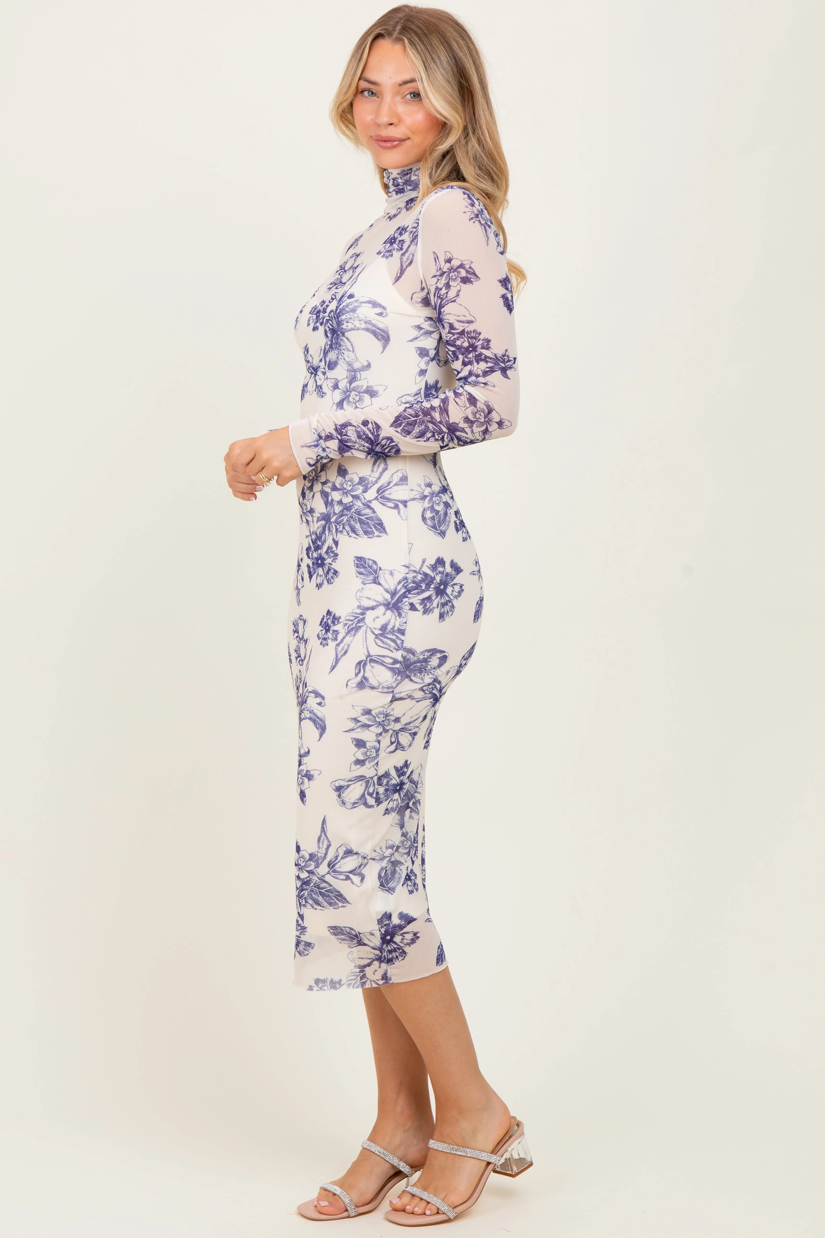 Ivory Floral Mesh Mock Neck Long Sleeve Midi Dress sold by Pinkblush product image thumbnail 3