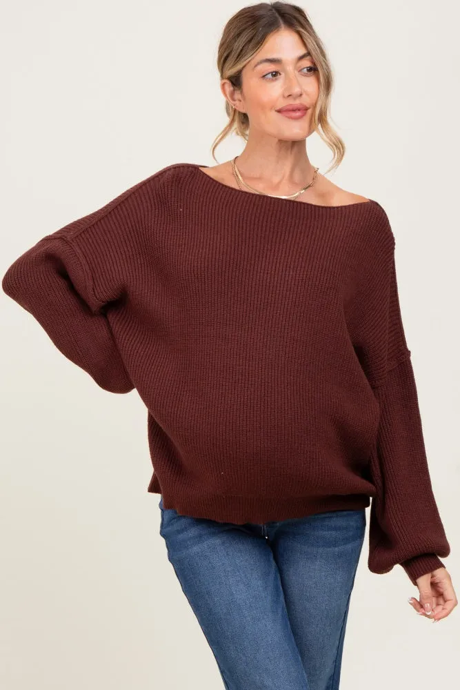 Brown Balloon Sleeve Boat Neck Knit Maternity Sweater sold by Pinkblush product image thumbnail 2