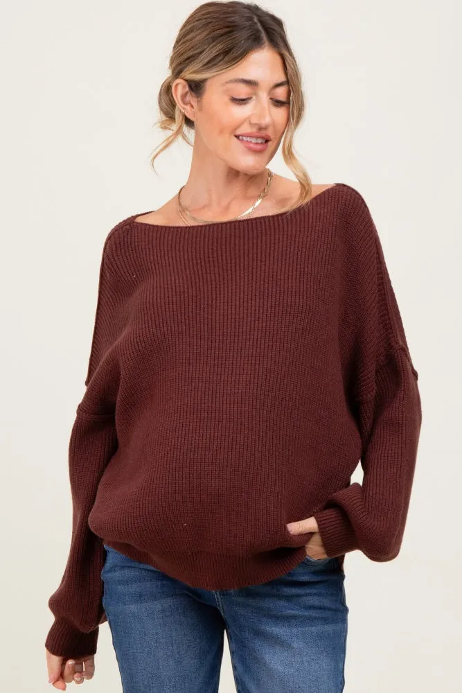Brown Balloon Sleeve Boat Neck Knit Maternity Sweater sold by Pinkblush