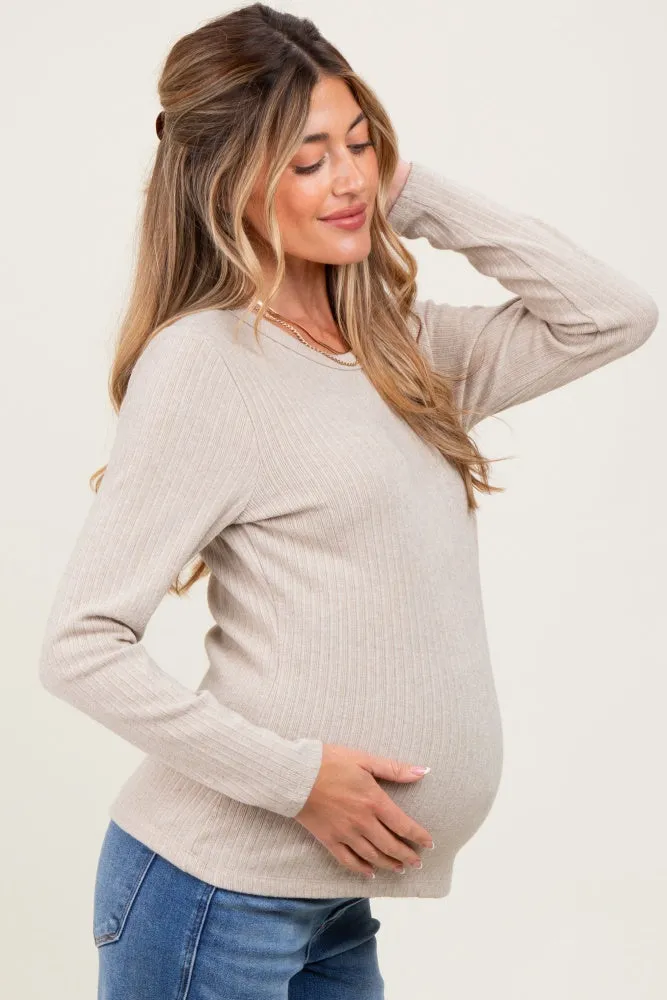 Beige Ribbed Knit Maternity Long Sleeve Top sold by Pinkblush product image thumbnail 2