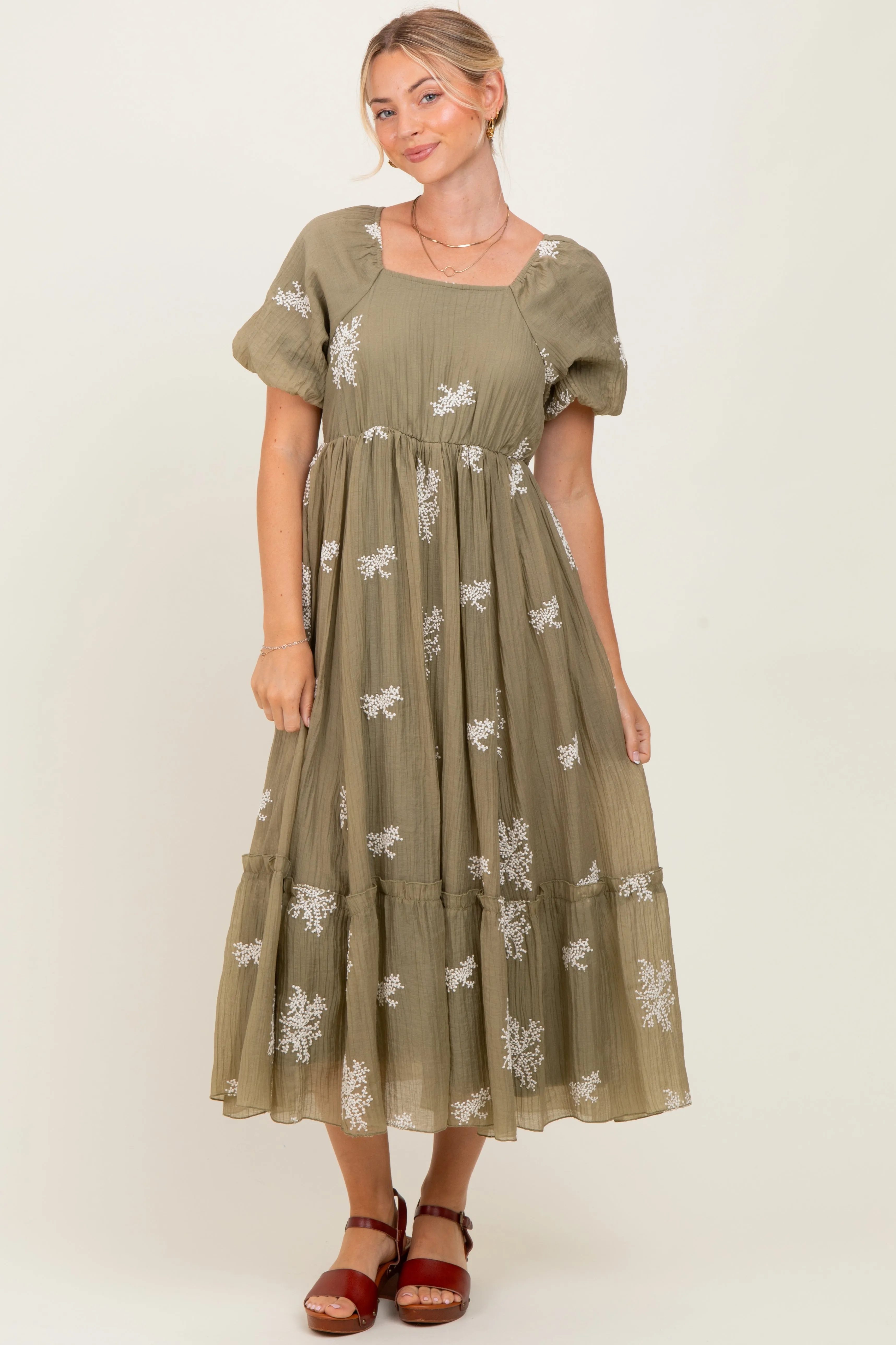 Light Olive Floral Print Ruffle Hem Midi Dress sold by Pinkblush