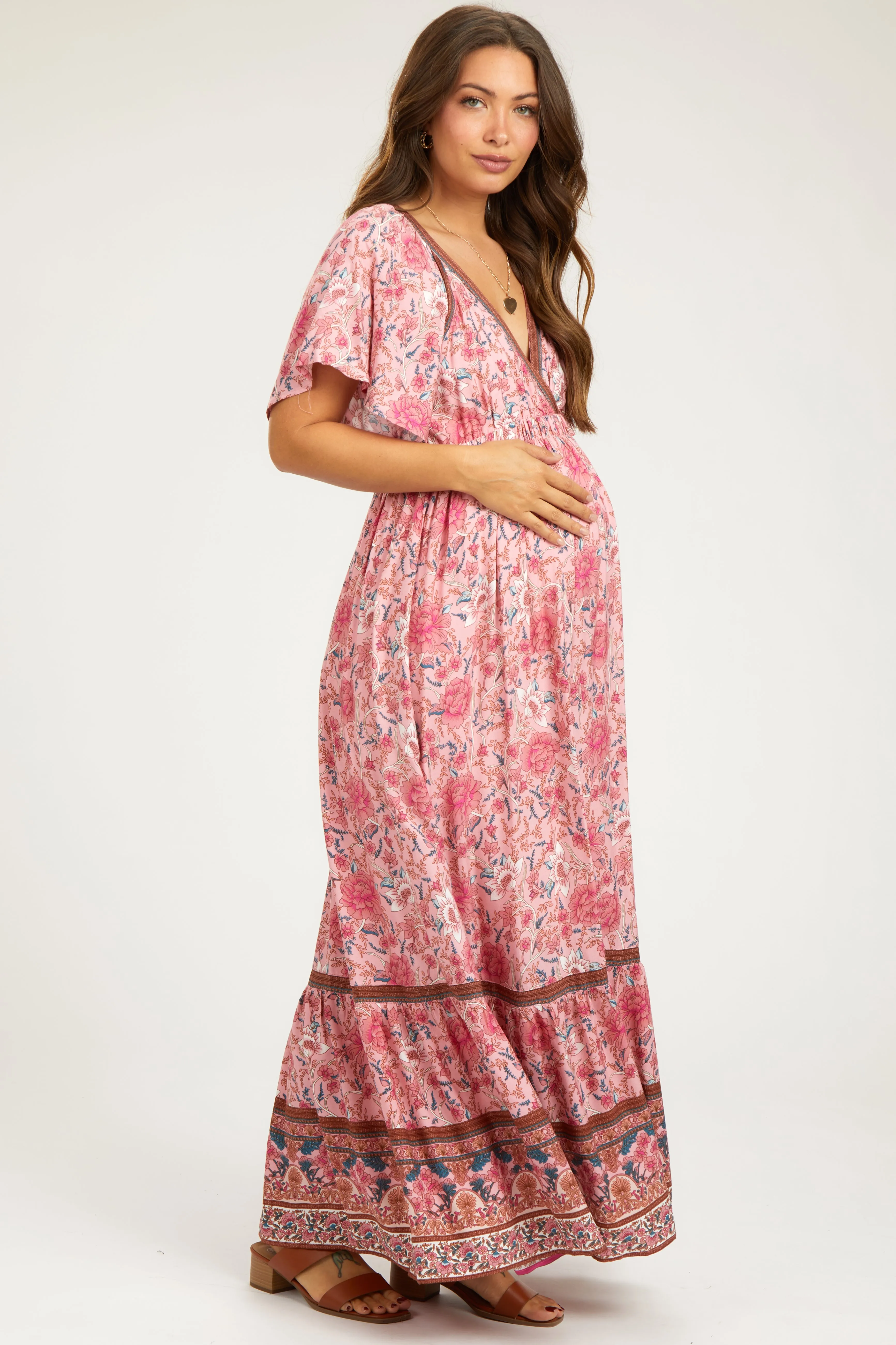 Pink Floral Flounce Sleeve Maternity Maxi Dress sold by Pinkblush product image thumbnail 2