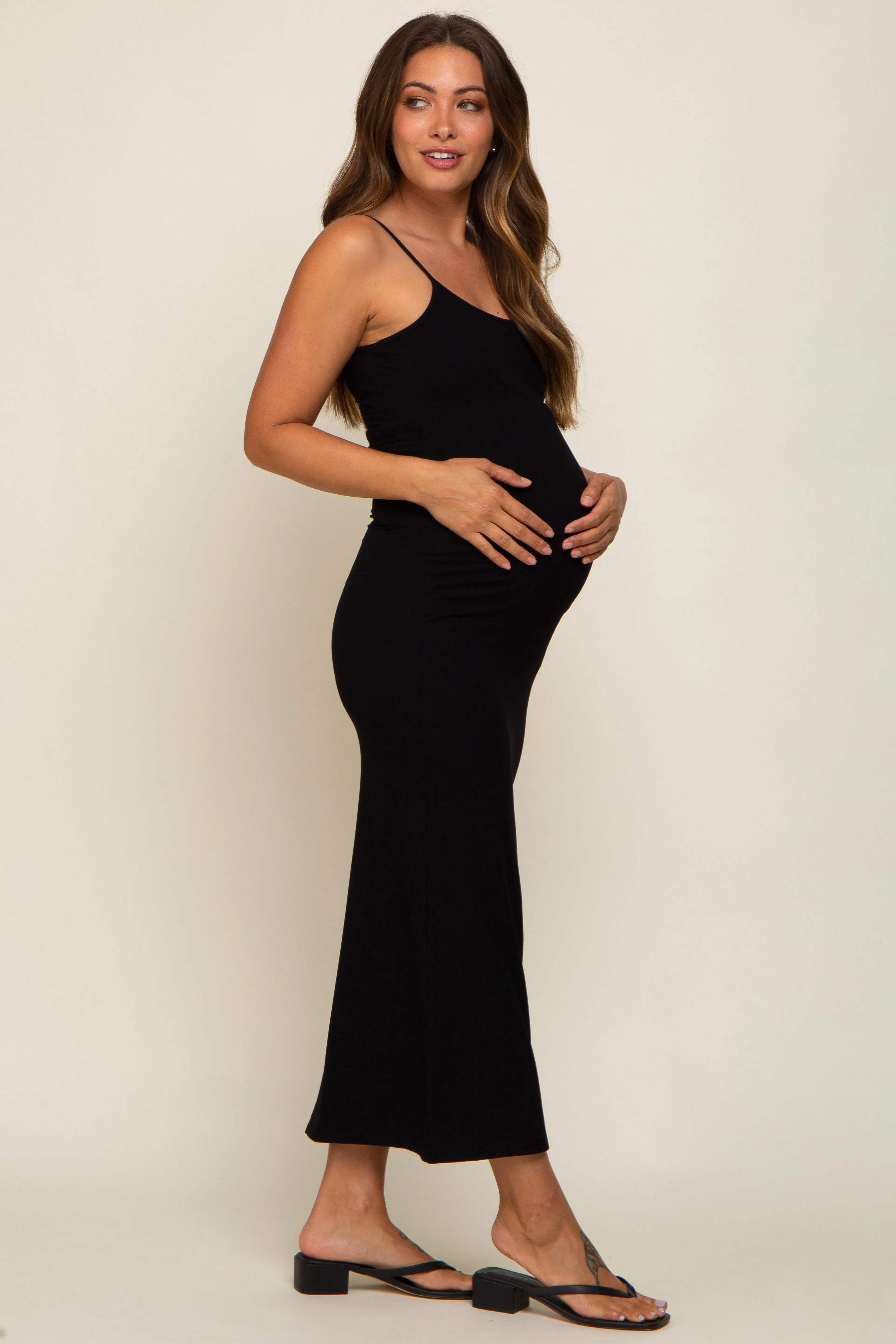 Black Ribbed Basic Maternity Midi Dress sold by Pinkblush product image thumbnail 2