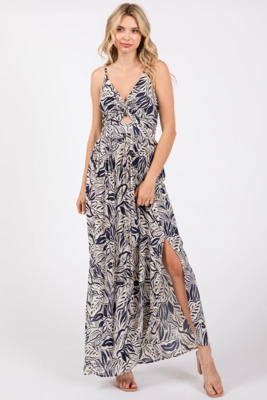 Navy Blue Leaf Print Front Cutout Side Slit Maxi Dress sold by Pinkblush