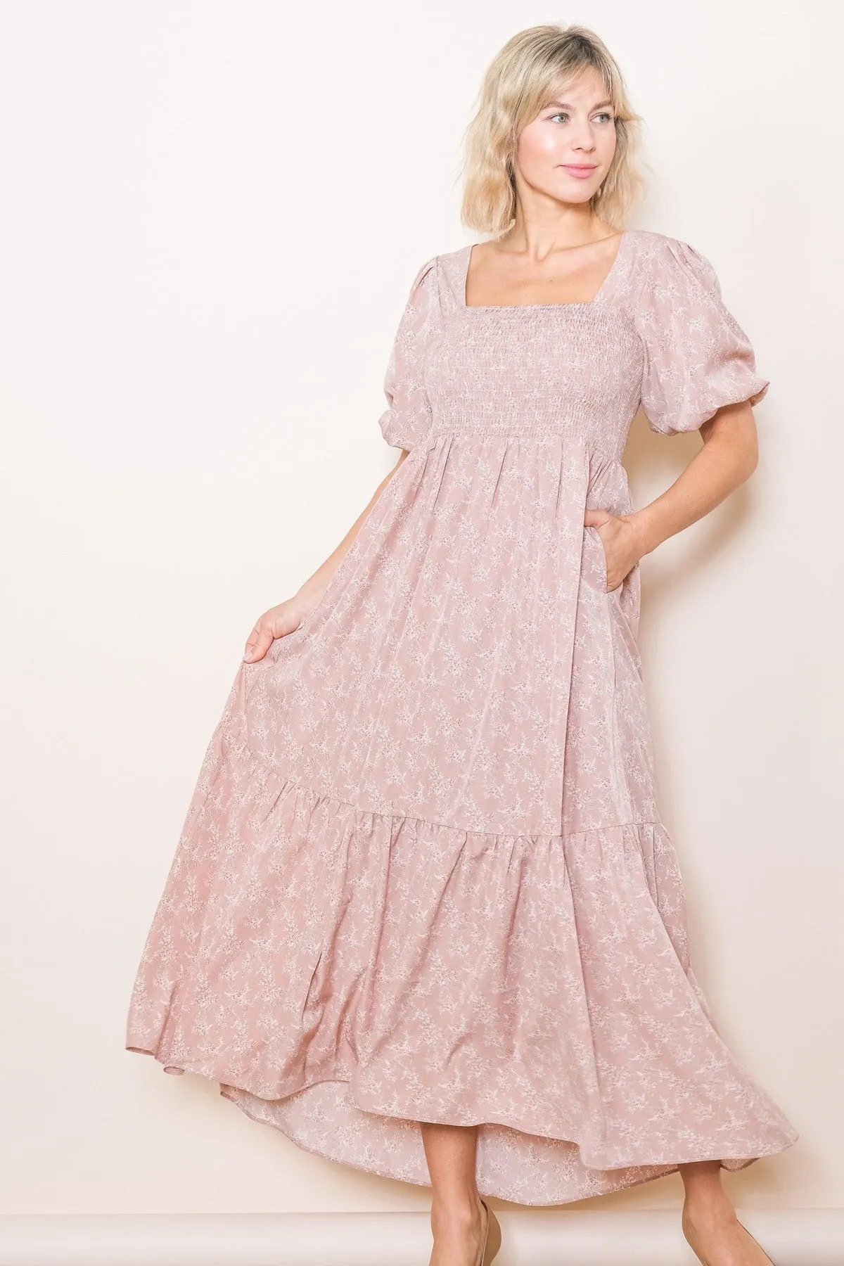 Light Pink Floral Smocked Square Neck Short Puff Sleeve Midi Dress sold by Pinkblush