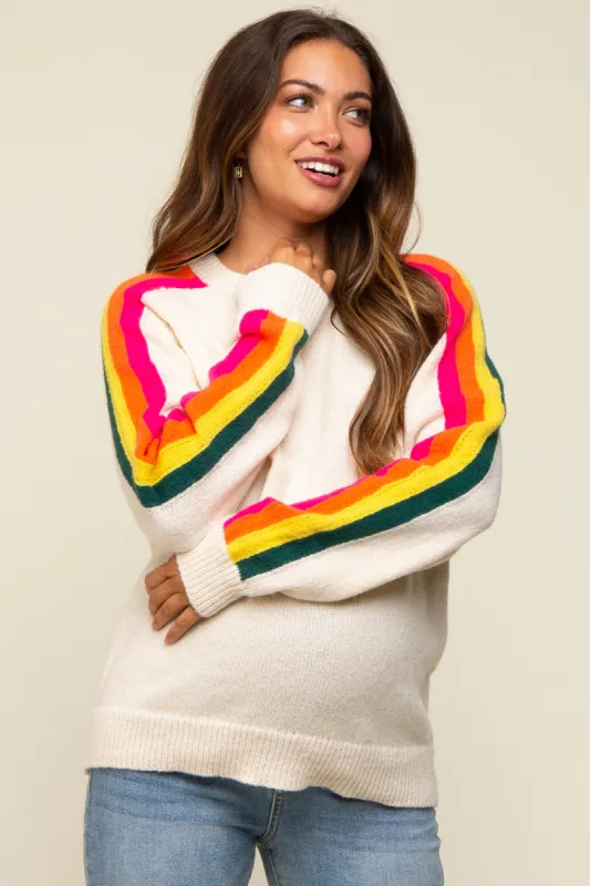 Ivory Multicolor Striped Sleeve Maternity Sweater sold by Pinkblush