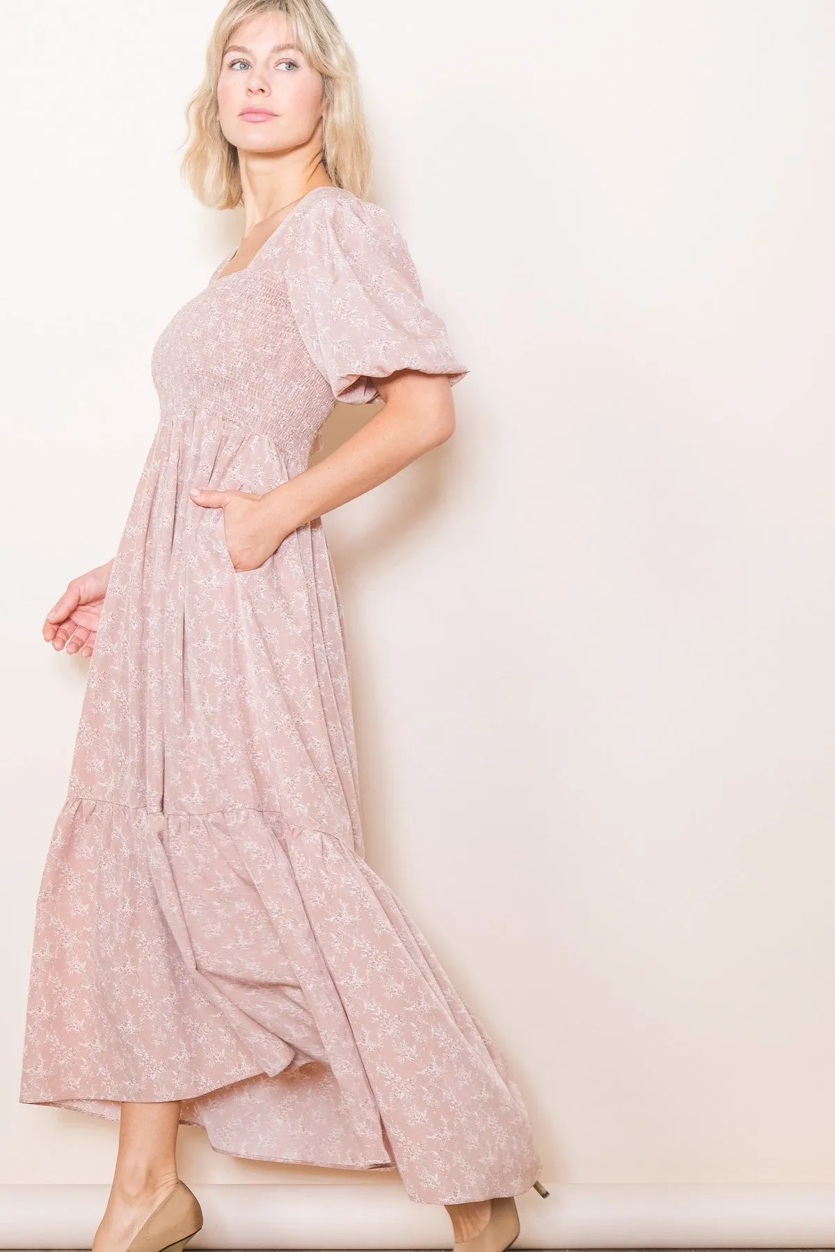 Light Pink Floral Smocked Square Neck Short Puff Sleeve Midi Dress sold by Pinkblush product image thumbnail 2