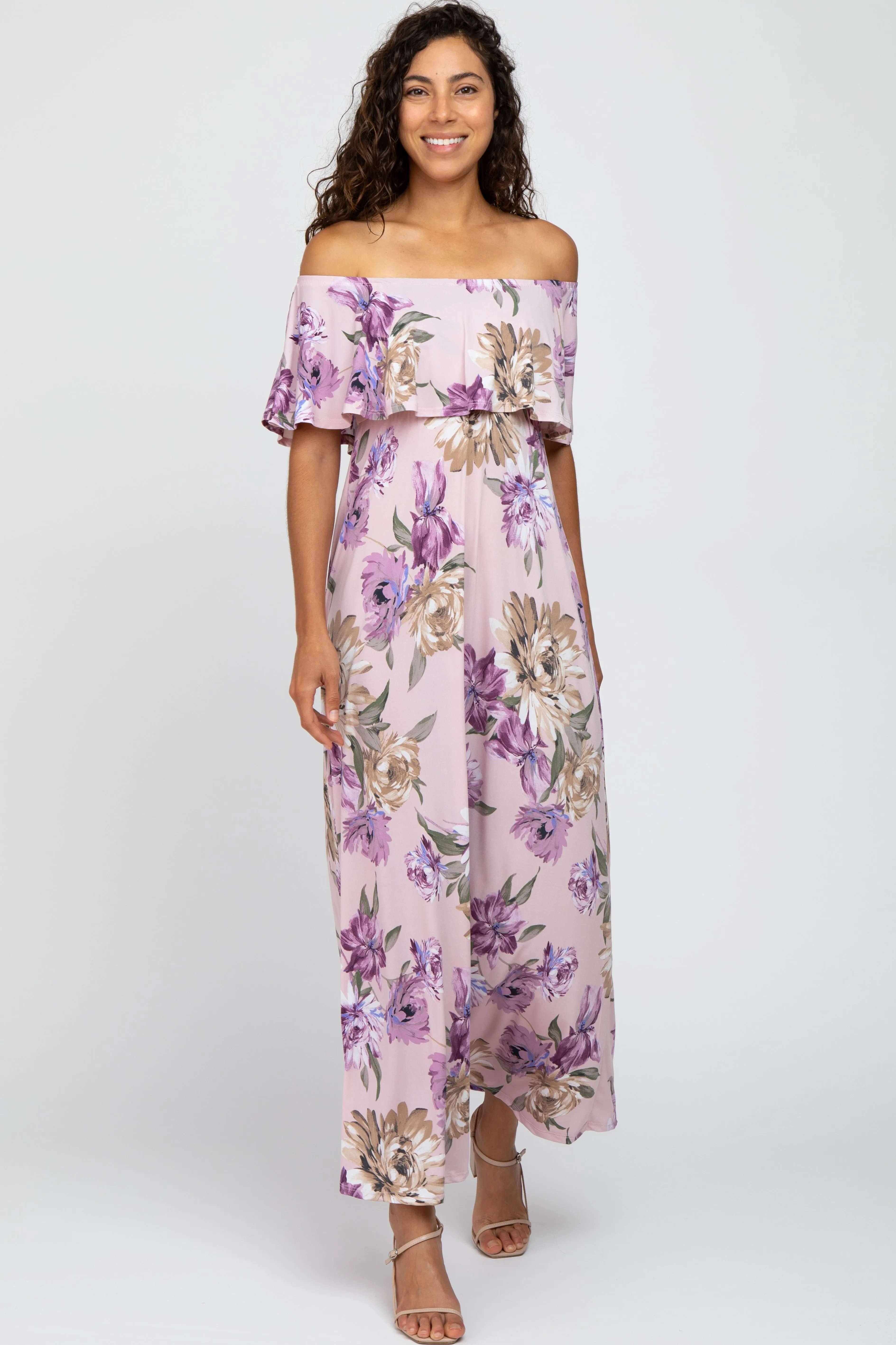 Lavender Floral Flounce Off Shoulder Maxi Dress sold by Pinkblush