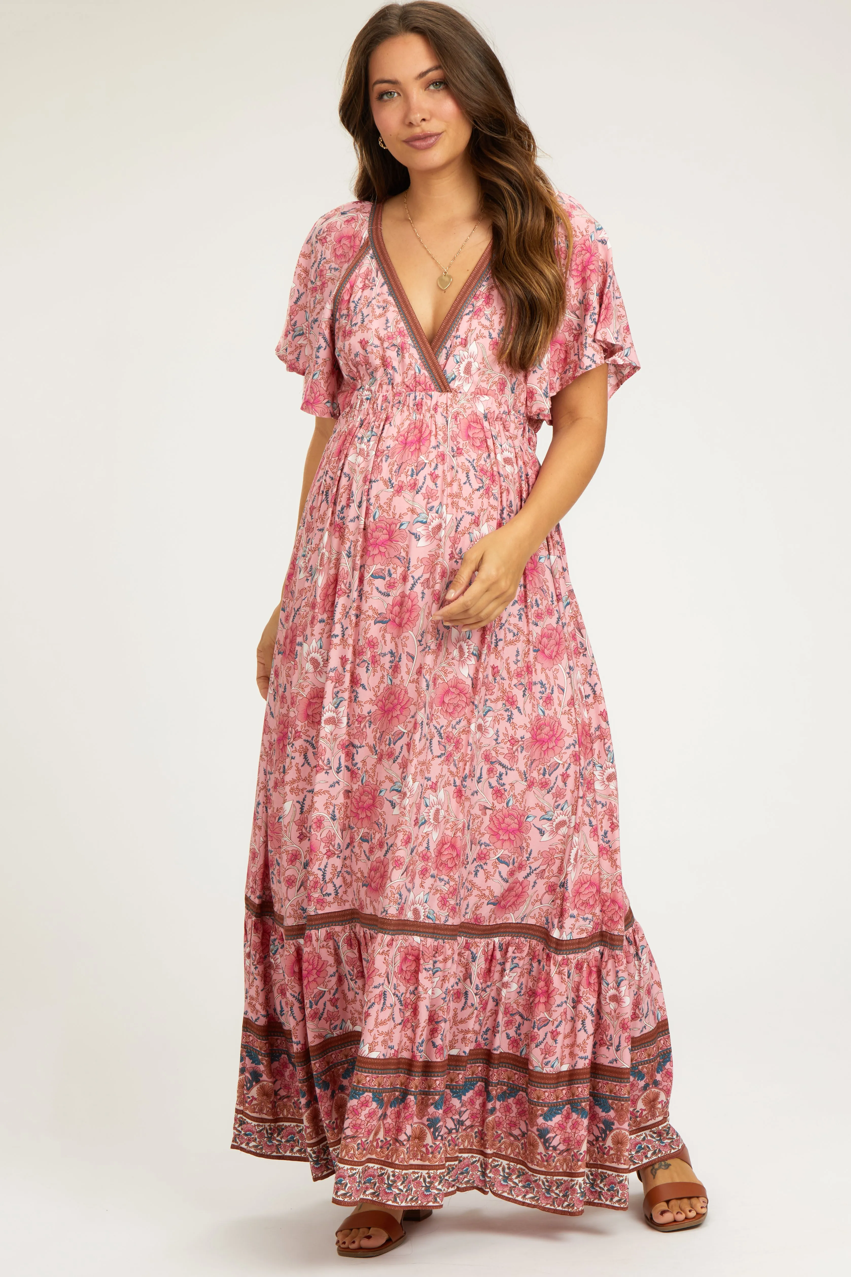 Pink Floral Flounce Sleeve Maternity Maxi Dress sold by Pinkblush
