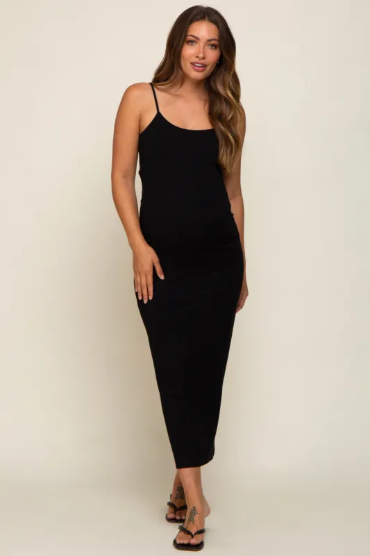 Black Ribbed Basic Maternity Midi Dress sold by Pinkblush