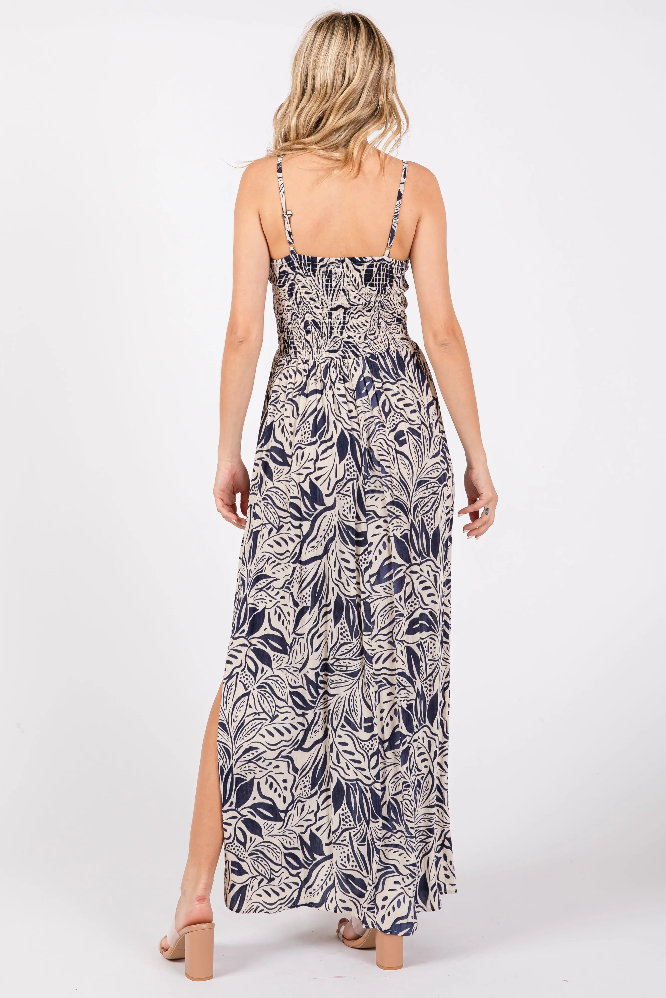 Navy Blue Leaf Print Front Cutout Side Slit Maxi Dress sold by Pinkblush product image thumbnail 3