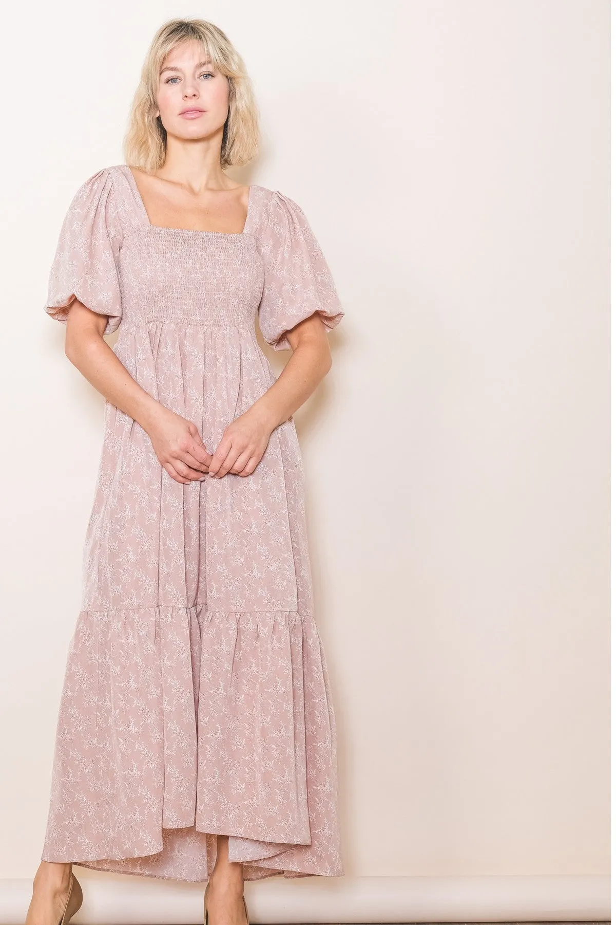 Light Pink Floral Smocked Square Neck Short Puff Sleeve Midi Dress sold by Pinkblush product image thumbnail 3