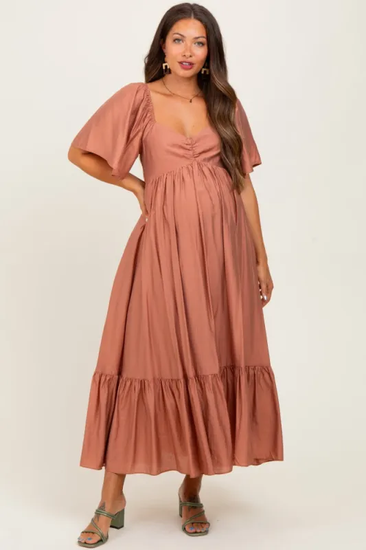 Rust Flutter Sleeve Ruffle Hem Maternity Midi Dress sold by Pinkblush