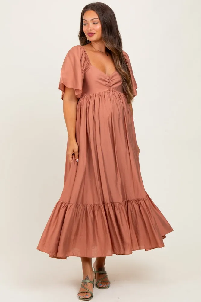Rust Flutter Sleeve Ruffle Hem Maternity Midi Dress sold by Pinkblush product image thumbnail 2