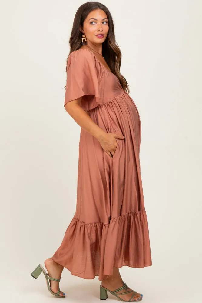 Rust Flutter Sleeve Ruffle Hem Maternity Midi Dress sold by Pinkblush product image thumbnail 3