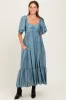 Blue Flutter Sleeve Ruffle Hem Maternity Midi Dress sold by Pinkblush