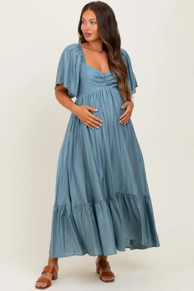 Blue Flutter Sleeve Ruffle Hem Maternity Midi Dress sold by Pinkblush