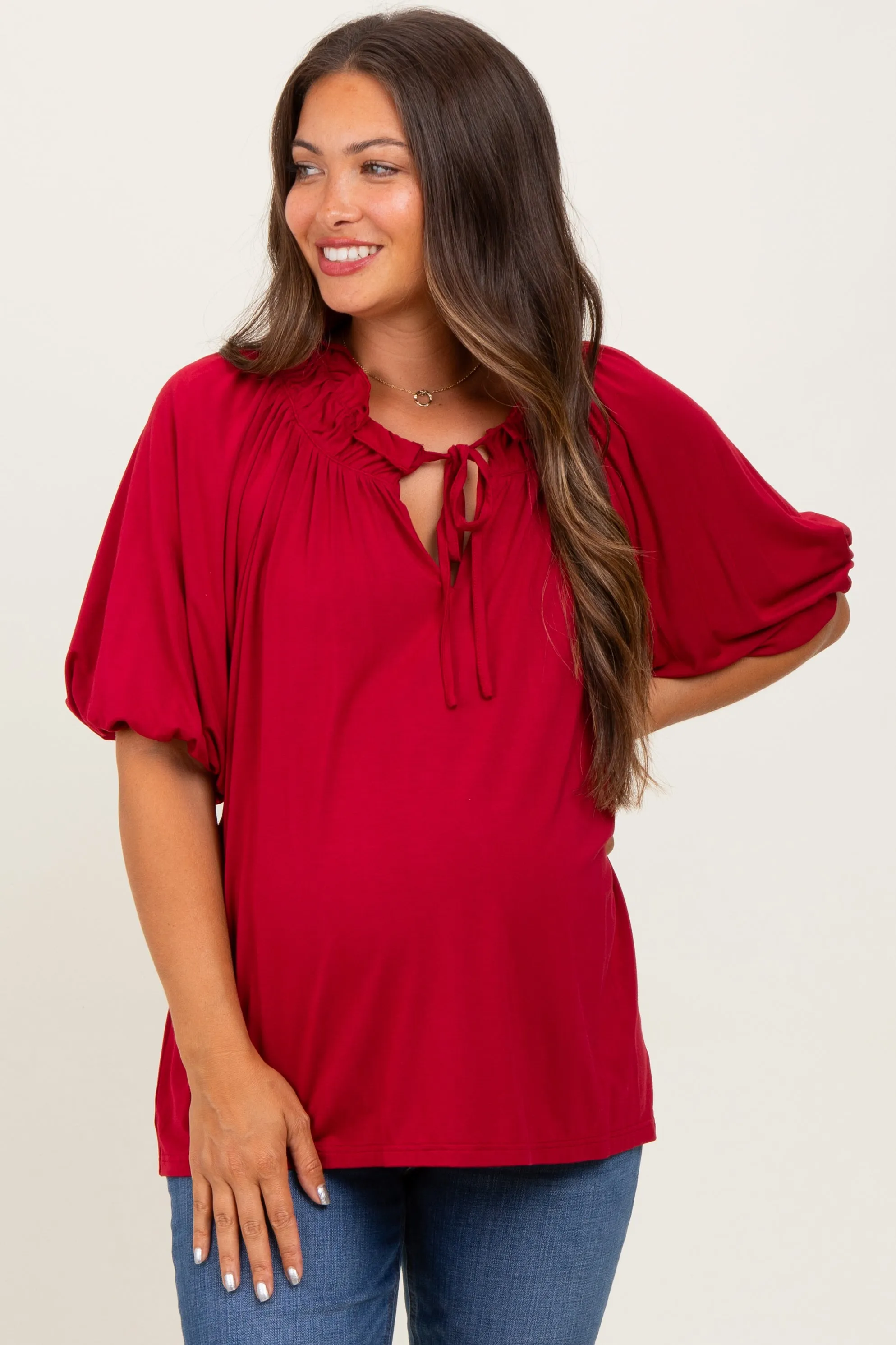 Burgundy Half Balloon Sleeve Maternity Top sold by Pinkblush product image thumbnail 2