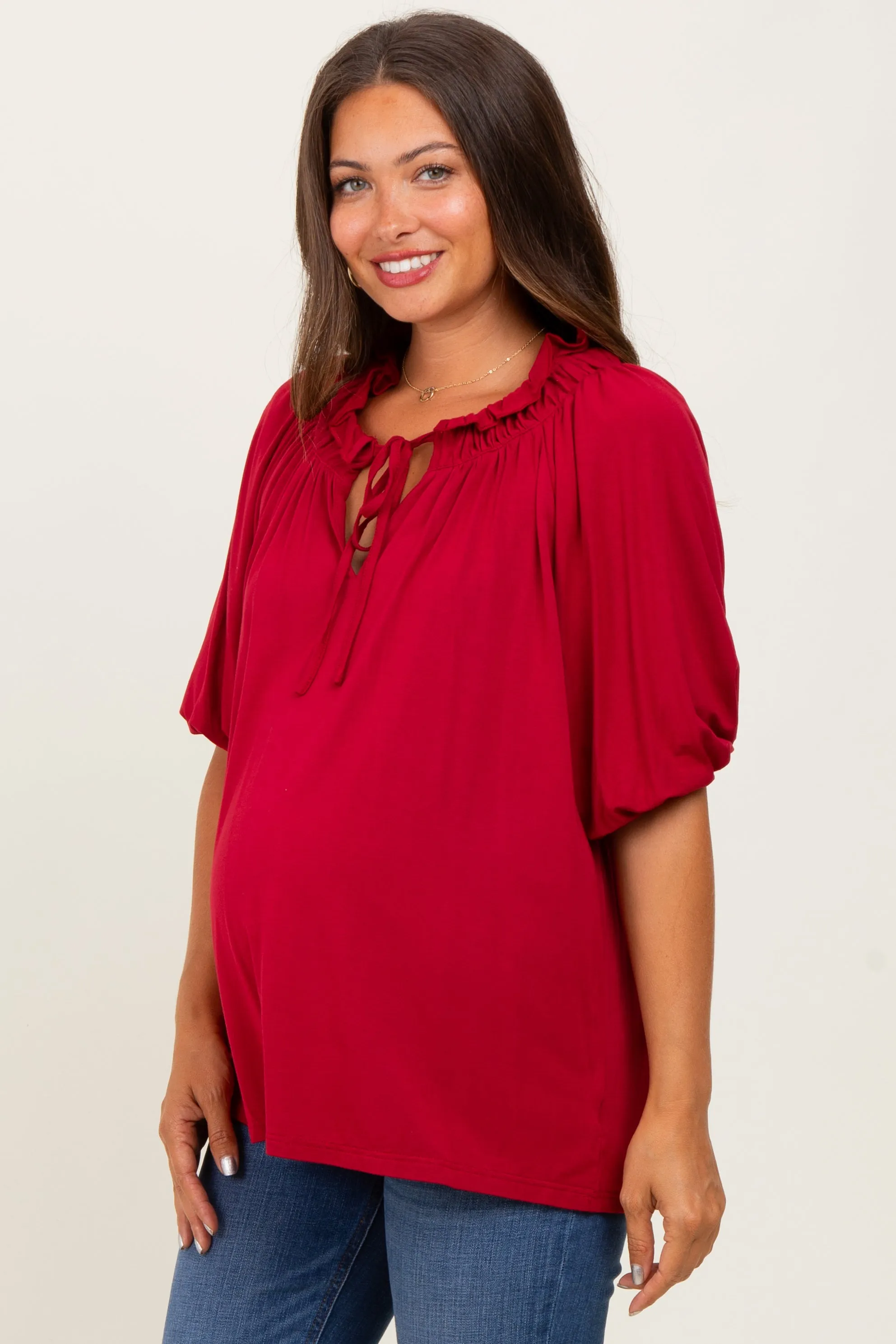 Burgundy Half Balloon Sleeve Maternity Top sold by Pinkblush