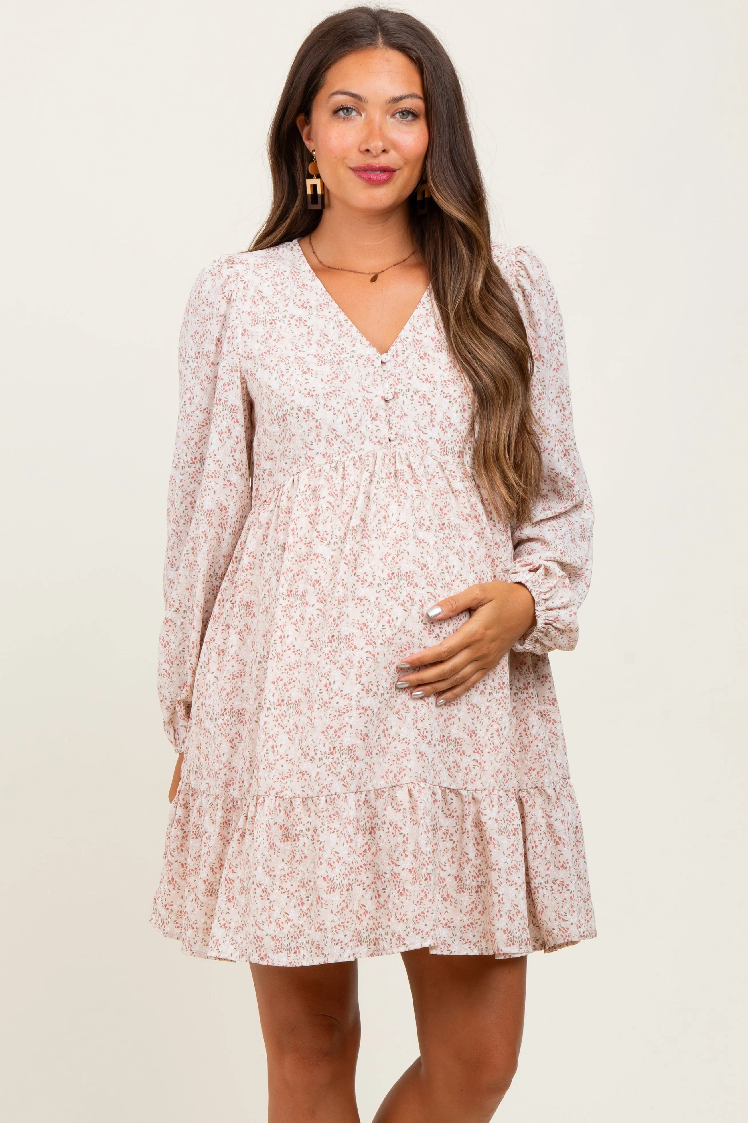 Beige Floral Long Sleeve Maternity Dress sold by Pinkblush