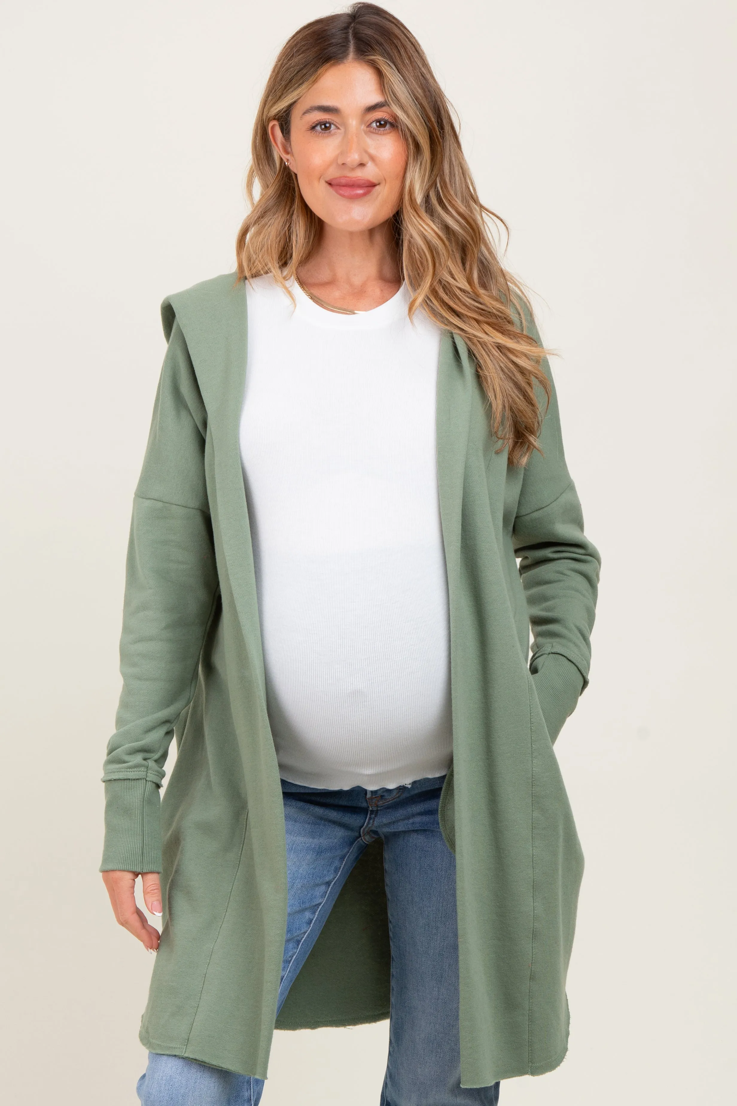 Light Olive Hooded Long Maternity Cardigan sold by Pinkblush