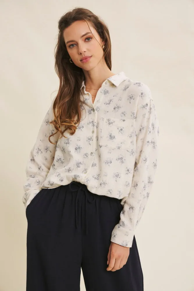 Blue Floral Cotton Gauze Oversized Button-Down Shirt sold by Pinkblush