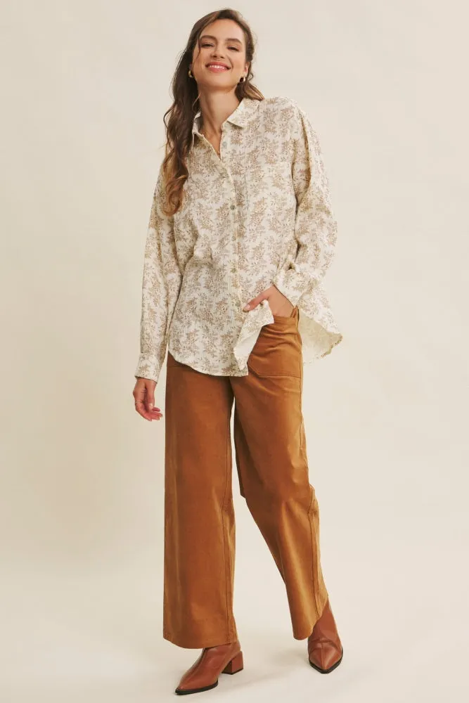 Mocha Floral Cotton Gauze Oversized Button-Down Shirt sold by Pinkblush