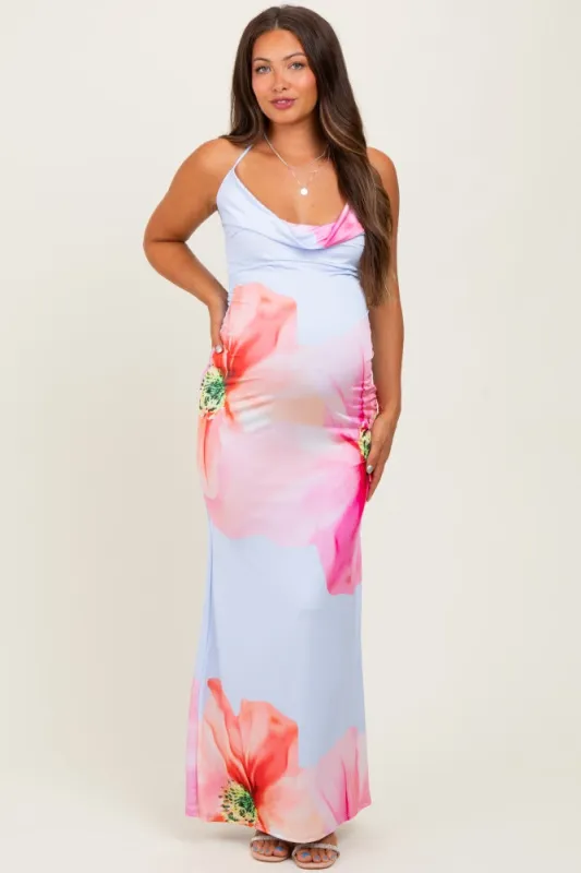 Light Blue Floral Draped Halter Maternity Maxi Dress sold by Pinkblush