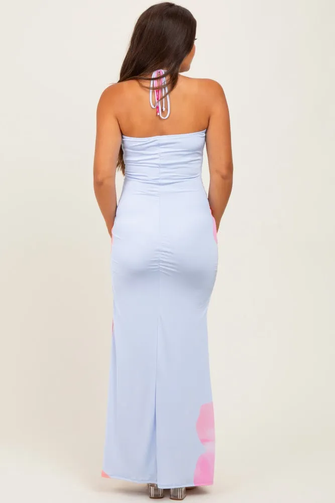Light Blue Floral Draped Halter Maternity Maxi Dress sold by Pinkblush product image thumbnail 3