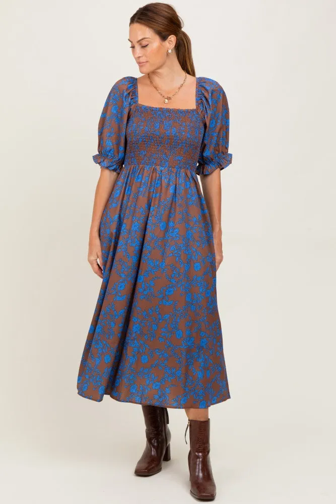 Blue Floral Smocked Puff Sleeve Maternity Midi Dress sold by Pinkblush product image thumbnail 4
