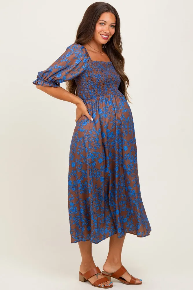 Blue Floral Smocked Puff Sleeve Maternity Midi Dress sold by Pinkblush