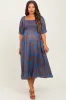 Blue Floral Smocked Puff Sleeve Maternity Midi Dress sold by Pinkblush