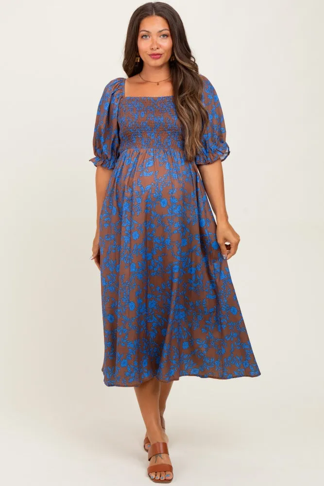 Blue Floral Smocked Puff Sleeve Maternity Midi Dress sold by Pinkblush product image thumbnail 2