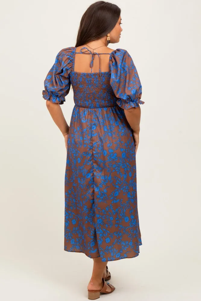 Blue Floral Smocked Puff Sleeve Maternity Midi Dress sold by Pinkblush product image thumbnail 3