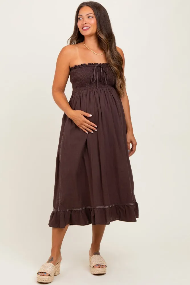 Brown Smocked Tube Maternity Midi Dress sold by Pinkblush product image thumbnail 2