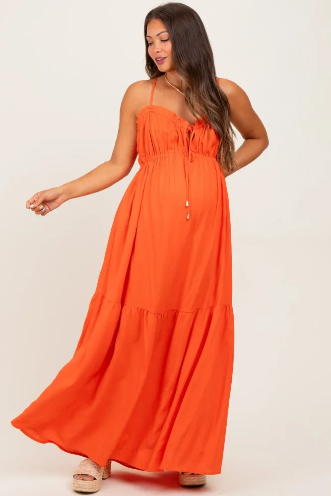 Orange Gathered Front Tie Maternity Maxi Dress sold by Pinkblush