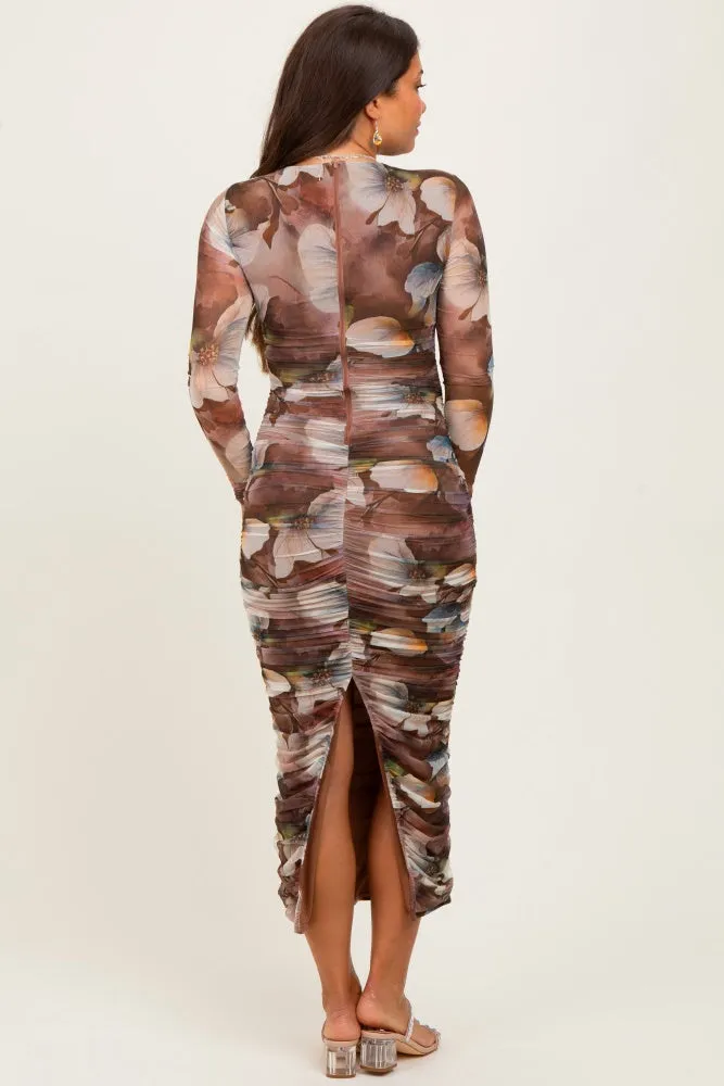 Brown Floral Mesh Overlay Ruched Maternity Midi Dress sold by Pinkblush product image thumbnail 4
