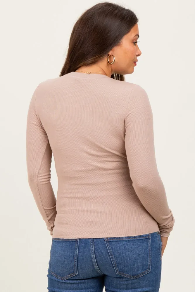 Light Taupe Basic Ribbed Knit Long Sleeve Maternity Top sold by Pinkblush product image thumbnail 4