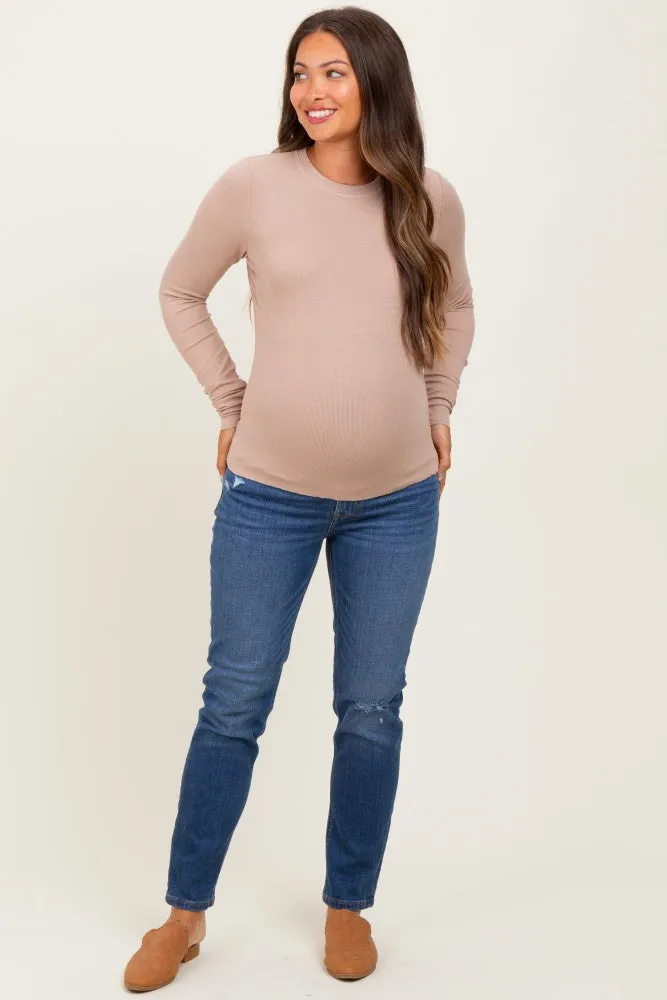 Light Taupe Basic Ribbed Knit Long Sleeve Maternity Top sold by Pinkblush product image thumbnail 2