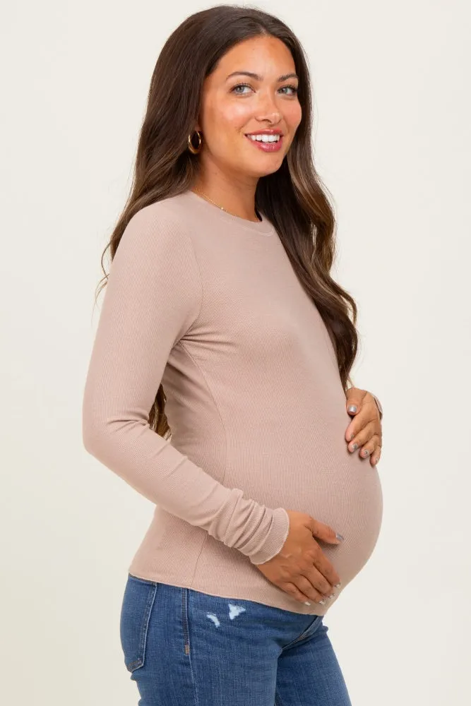 Light Taupe Basic Ribbed Knit Long Sleeve Maternity Top sold by Pinkblush product image thumbnail 3